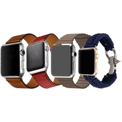 Set 4 Curele iUni compatibile cu Apple Watch 1/2/3/4/5/6/7, 42mm, Maro, Rosu, Maro inchis, Albastru